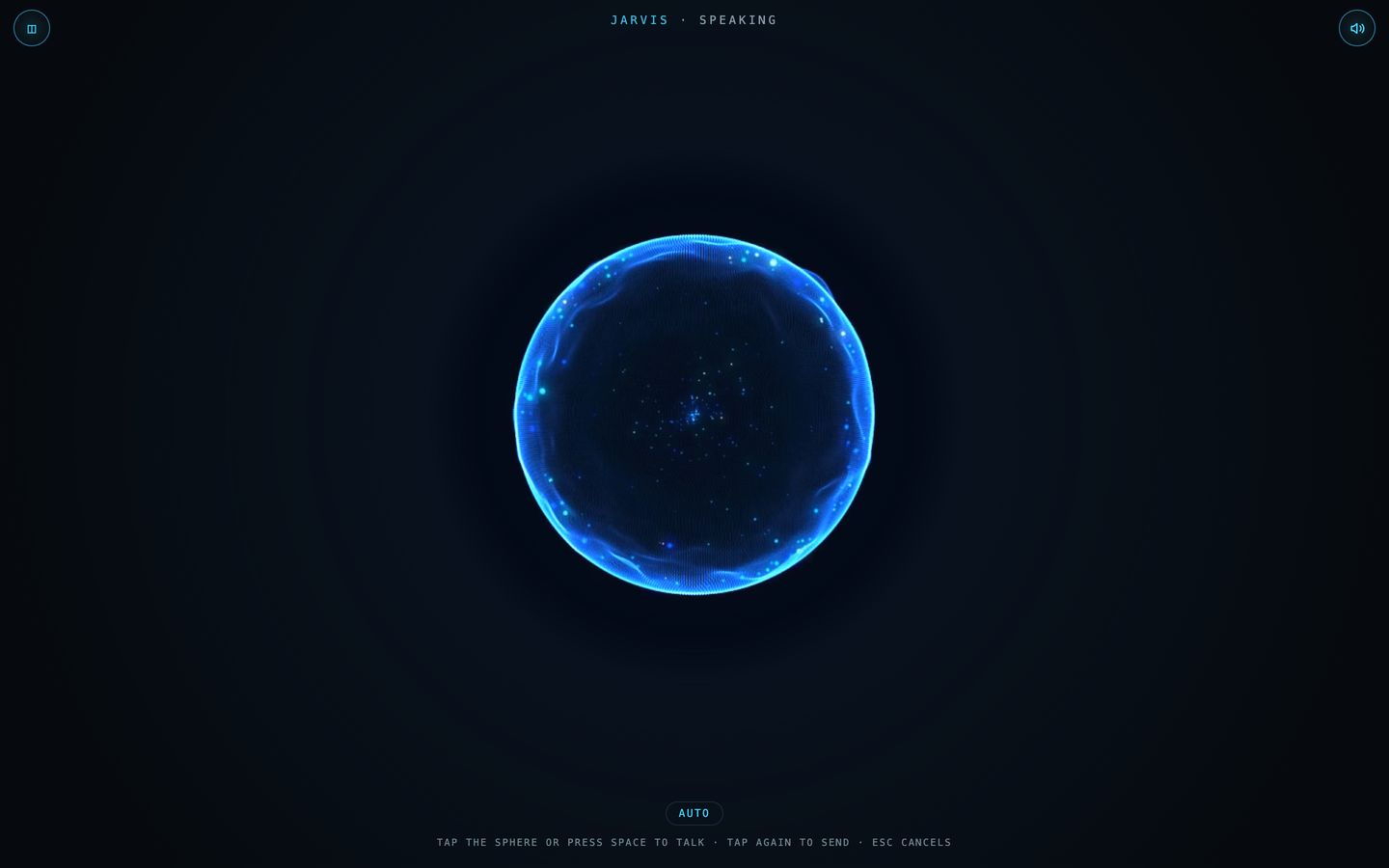 Jarvis, the voice side of the same system: a glowing sphere, tap it to talk